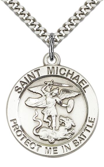 STERLING SILVER ST MICHAEL PENDANT ON A CHAIN - 1" x 7/8"